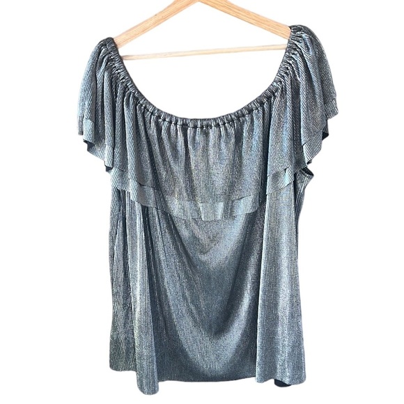 MICHAEL Michael Kors 3X Metallic Micropleated Off Shoulder Blouse Top Charcoal - Picture 7 of 10
